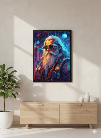 Framed Matte Canvas - Neon Cyberpunk Santa Portrait