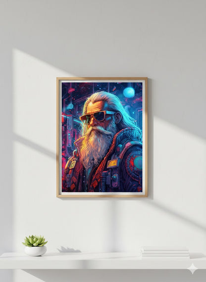 Framed Matte Canvas - Neon Cyberpunk Santa Portrait