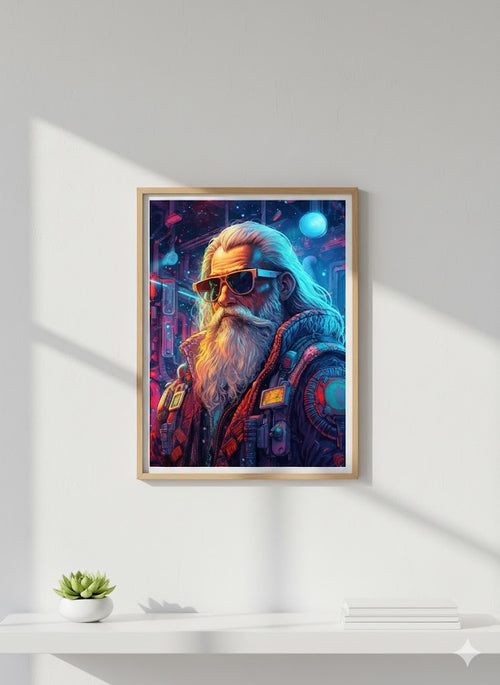 Framed Matte Canvas - Neon Cyberpunk Santa Portrait