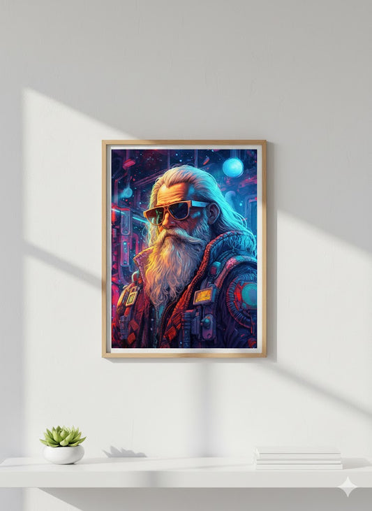 Framed Matte Canvas - Neon Cyberpunk Santa Portrait