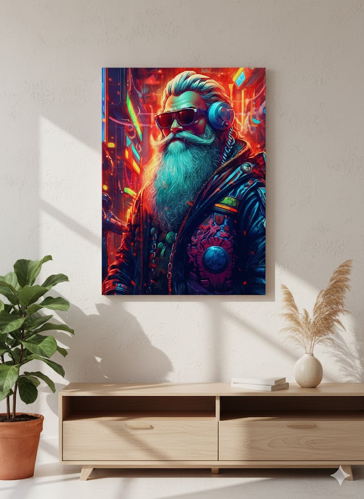 Framed Matte Canvas: Neon Cyber Santa Portrait