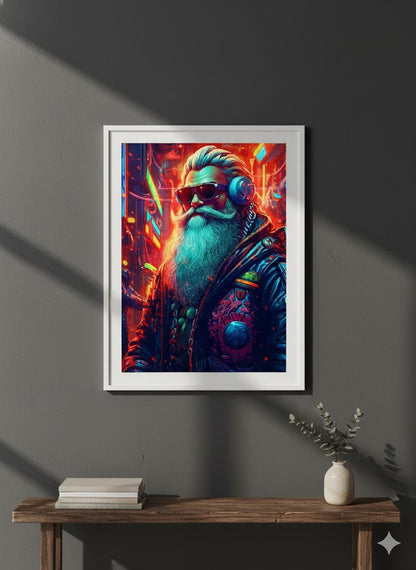 Framed Matte Canvas: Neon Cyber Santa Portrait