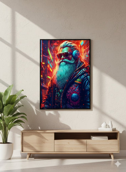 Framed Matte Canvas: Neon Cyber Santa Portrait
