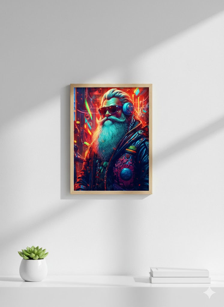 Framed Matte Canvas: Neon Cyber Santa Portrait