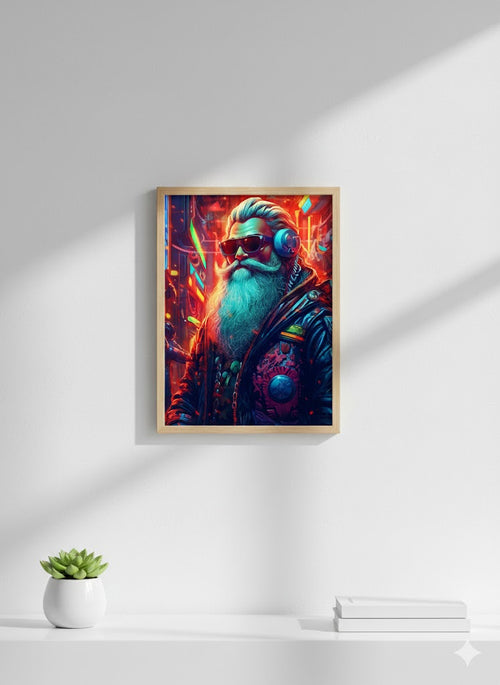 Framed Matte Canvas: Neon Cyber Santa Portrait