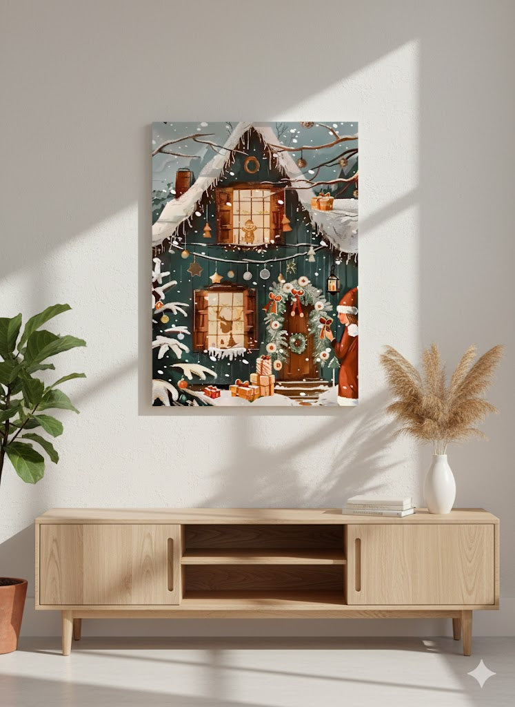 Framed Holiday Cottage Matte Canvas Print — Cozy Snowy Christmas Scene
