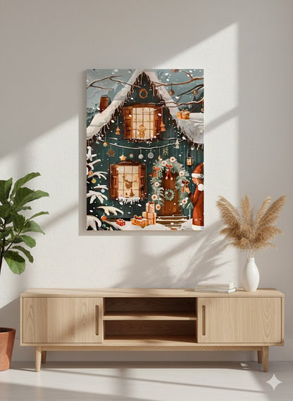 Framed Holiday Cottage Matte Canvas Print — Cozy Snowy Christmas Scene