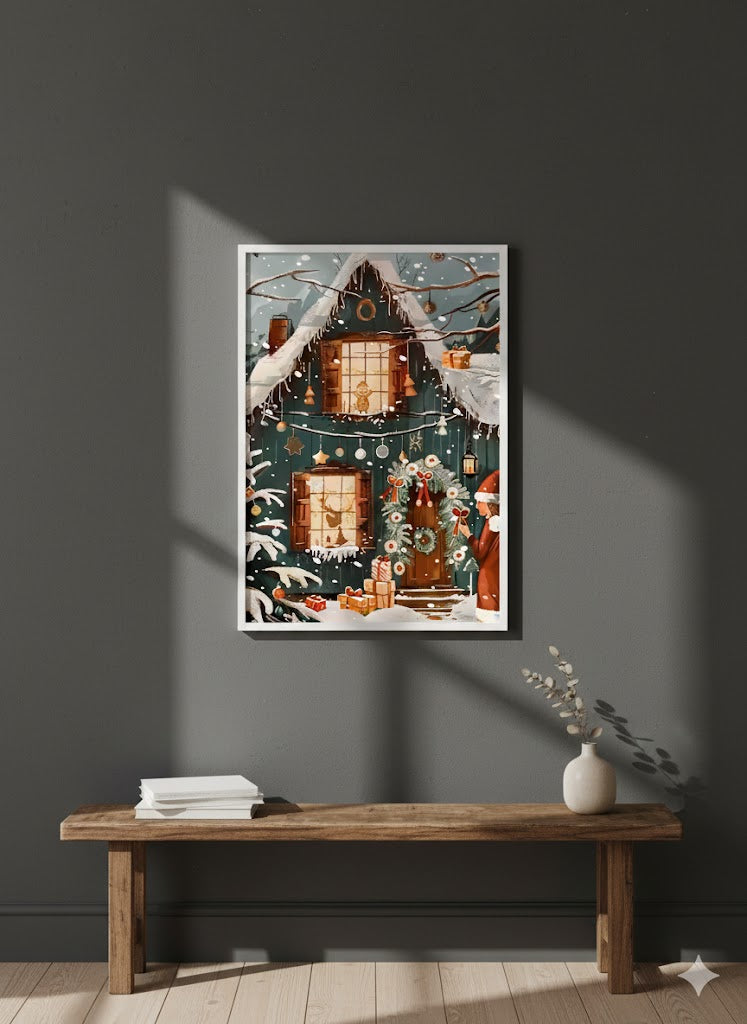 Framed Holiday Cottage Matte Canvas Print — Cozy Snowy Christmas Scene