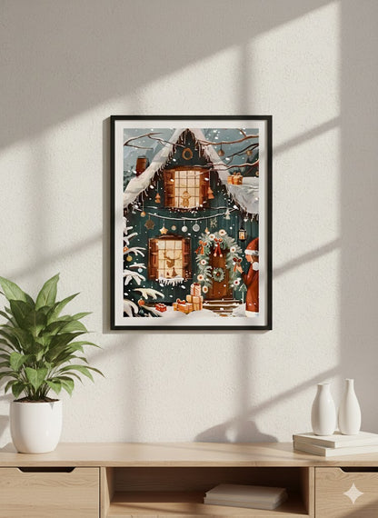 Framed Holiday Cottage Matte Canvas Print — Cozy Snowy Christmas Scene