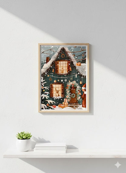 Framed Holiday Cottage Matte Canvas Print — Cozy Snowy Christmas Scene