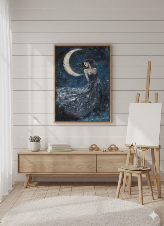 Framed Matte Canvas Art — Moonlit Woman in Starry Night