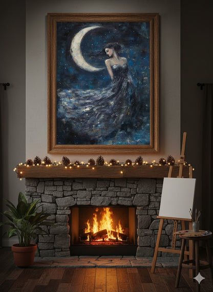 Framed Matte Canvas Art — Moonlit Woman in Starry Night