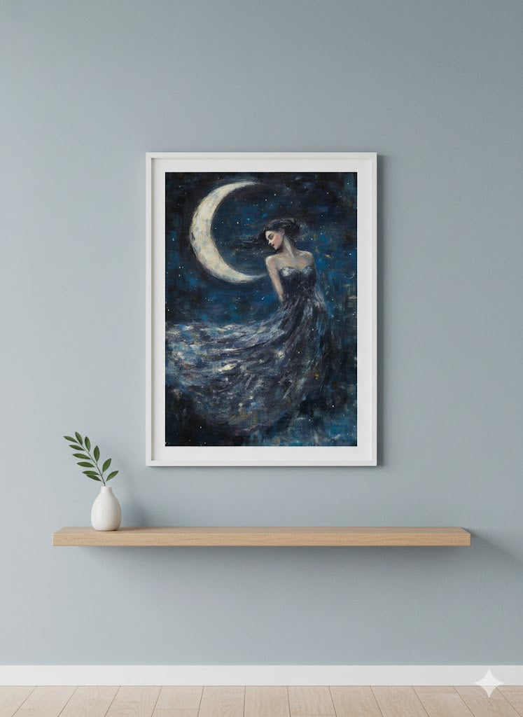 Framed Matte Canvas Art — Moonlit Woman in Starry Night