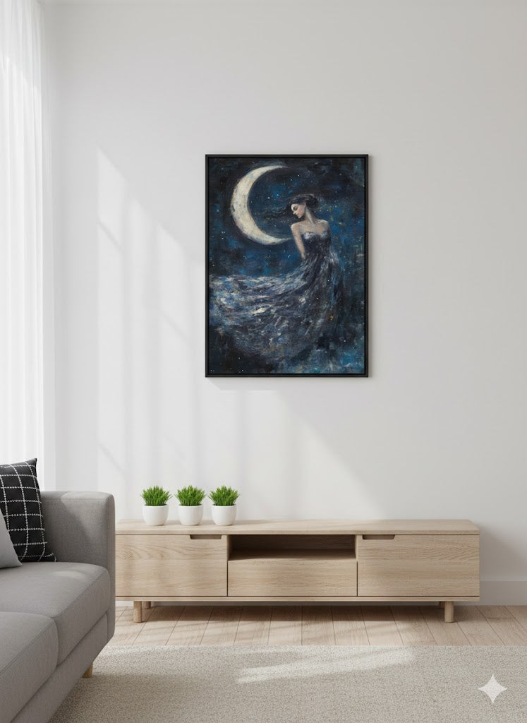 Framed Matte Canvas Art — Moonlit Woman in Starry Night