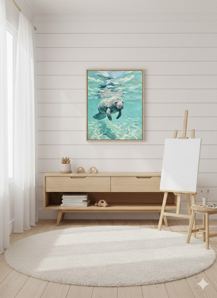 Framed Manatee Ocean Art Canvas — Serene Tropical Wall Decor