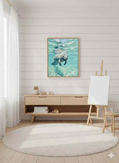 Framed Manatee Ocean Art Canvas — Serene Tropical Wall Decor