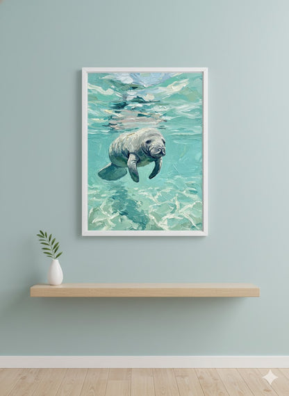 Framed Manatee Ocean Art Canvas — Serene Tropical Wall Decor