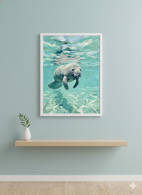 Framed Manatee Ocean Art Canvas — Serene Tropical Wall Decor