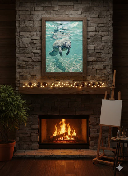 Framed Manatee Ocean Art Canvas — Serene Tropical Wall Decor