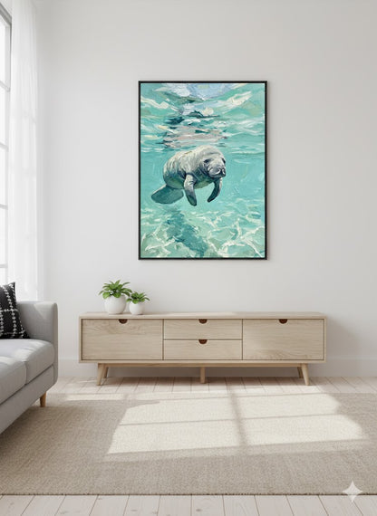Framed Manatee Ocean Art Canvas — Serene Tropical Wall Decor