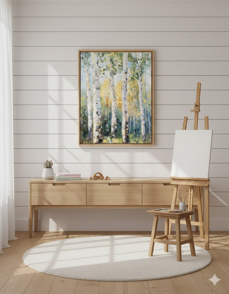 Framed Birch Tree Matte Canvas Wall Art — Serene Forest Landscape