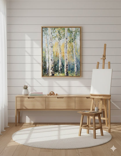 Framed Birch Tree Matte Canvas Wall Art — Serene Forest Landscape