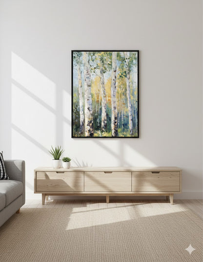 Framed Birch Tree Matte Canvas Wall Art — Serene Forest Landscape