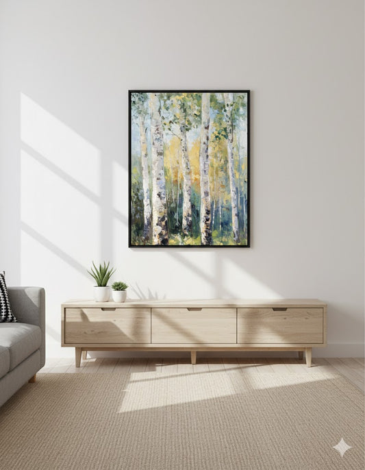 Framed Birch Tree Matte Canvas Wall Art — Serene Forest Landscape