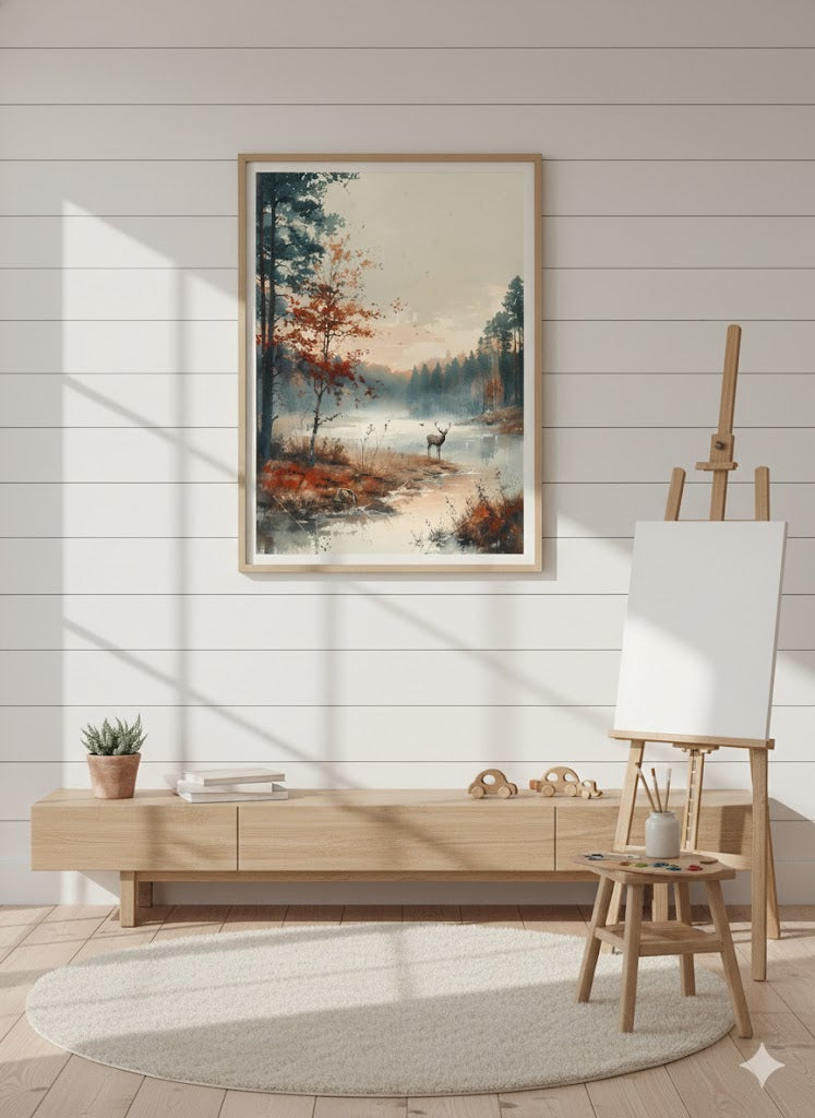 Framed Matte Canvas Print — Misty Forest Lake with Deer