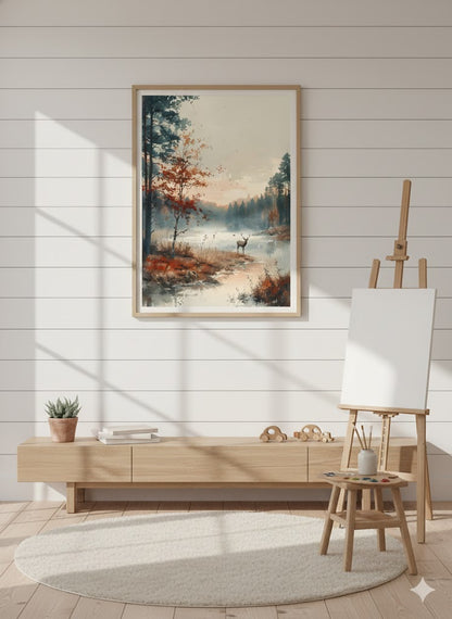 Framed Matte Canvas Print — Misty Forest Lake with Deer