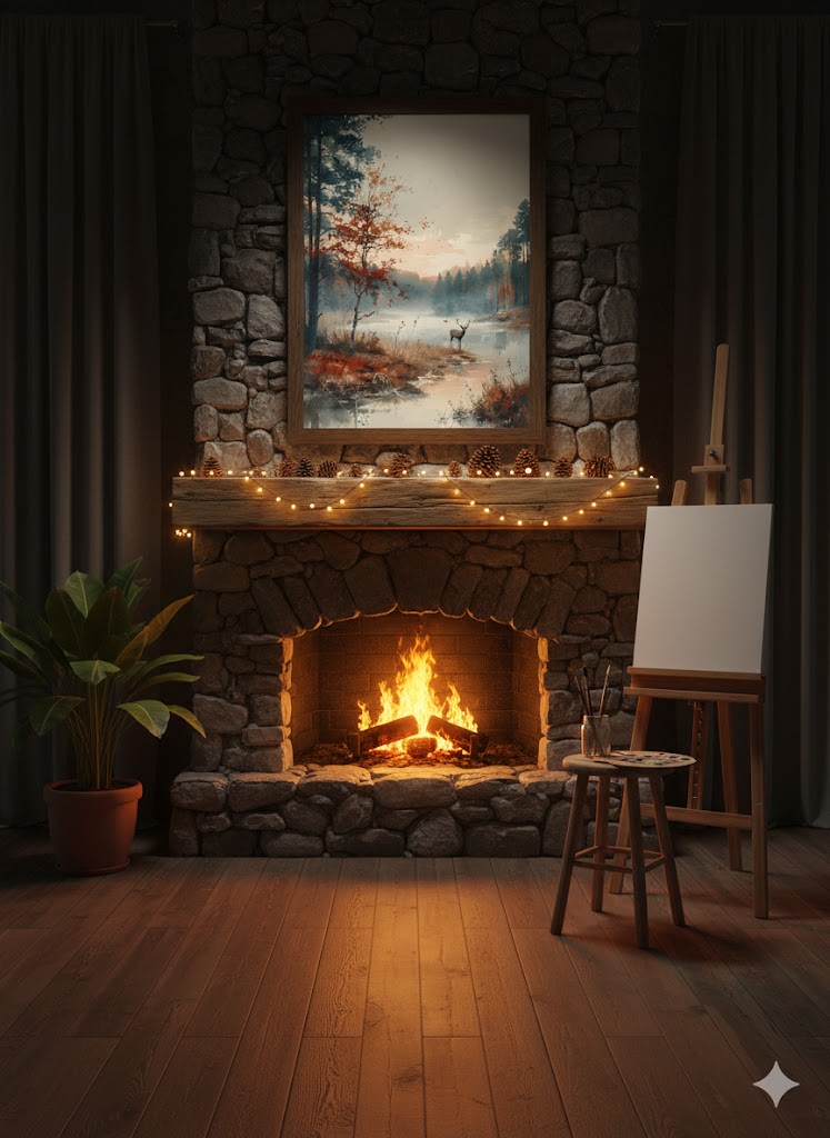 Framed Matte Canvas Print — Misty Forest Lake with Deer