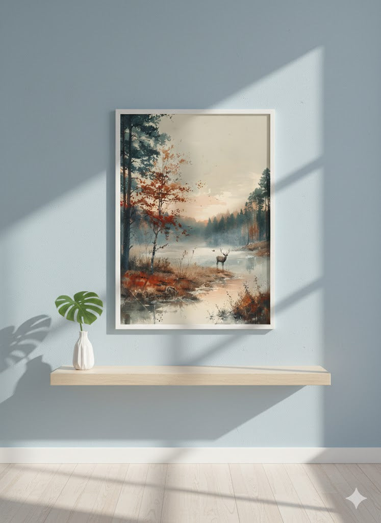 Framed Matte Canvas Print — Misty Forest Lake with Deer