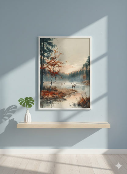 Framed Matte Canvas Print — Misty Forest Lake with Deer
