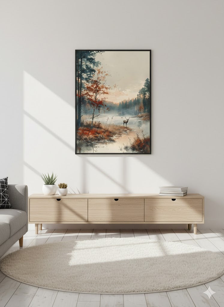 Framed Matte Canvas Print — Misty Forest Lake with Deer