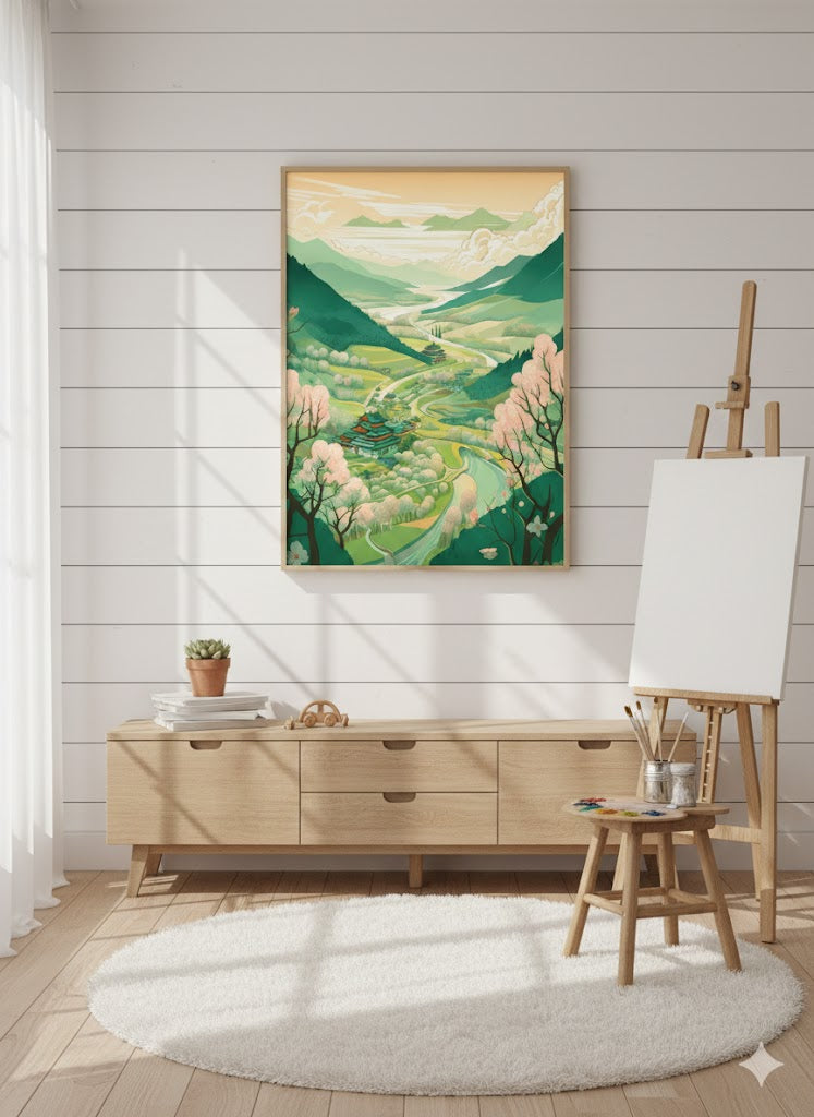 Framed Matte Canvas Art - Serene Mountain Valley Landscape