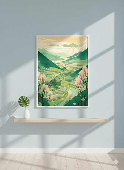 Framed Matte Canvas Art - Serene Mountain Valley Landscape