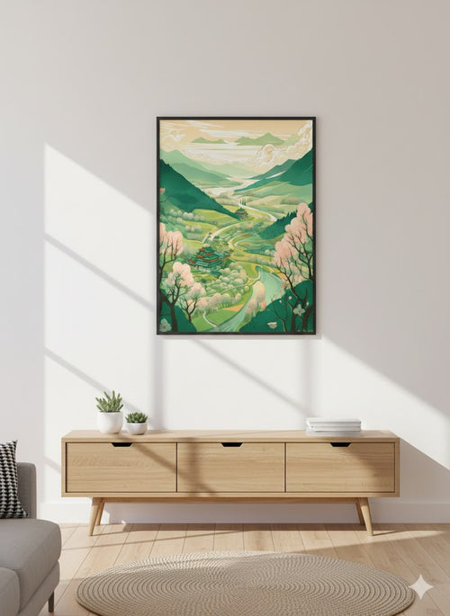 Framed Matte Canvas Art - Serene Mountain Valley Landscape