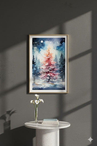 Framed Matte Canvas - Watercolor Christmas Tree Winter Wall Art