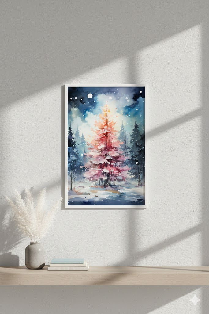 Framed Matte Canvas - Watercolor Christmas Tree Winter Wall Art