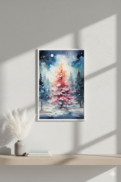 Framed Matte Canvas - Watercolor Christmas Tree Winter Wall Art