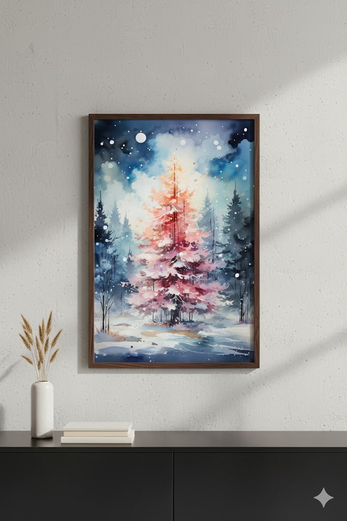 Framed Matte Canvas - Watercolor Christmas Tree Winter Wall Art