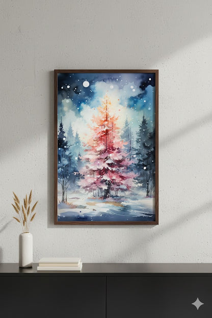 Framed Matte Canvas - Watercolor Christmas Tree Winter Wall Art