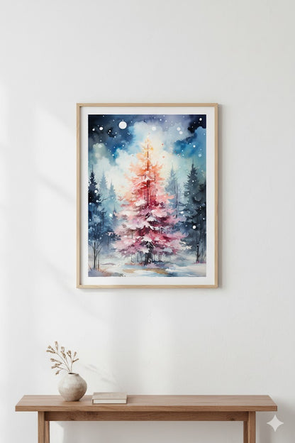 Framed Matte Canvas - Watercolor Christmas Tree Winter Wall Art