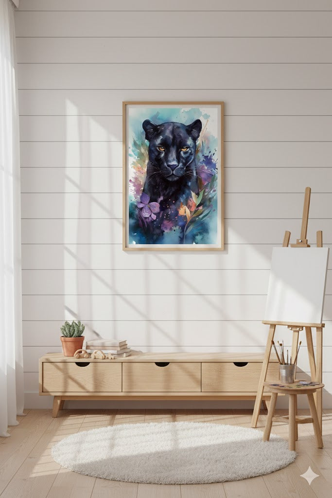 Framed Matte Canvas Print — Majestic Black Panther Watercolor Art