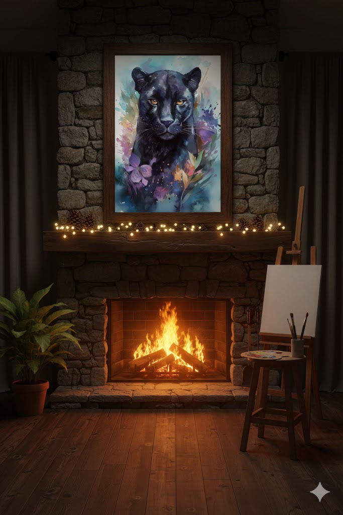 Framed Matte Canvas Print — Majestic Black Panther Watercolor Art