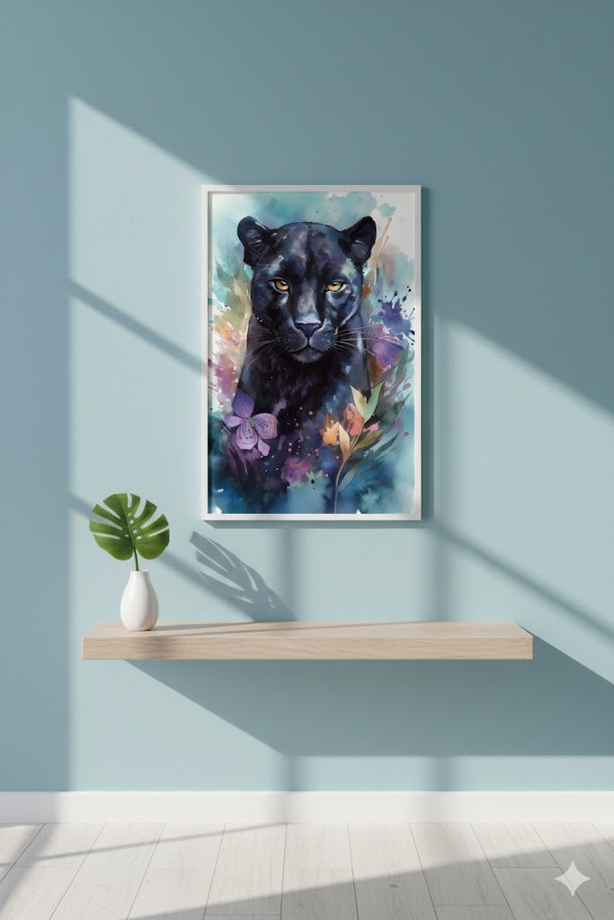 Framed Matte Canvas Print — Majestic Black Panther Watercolor Art