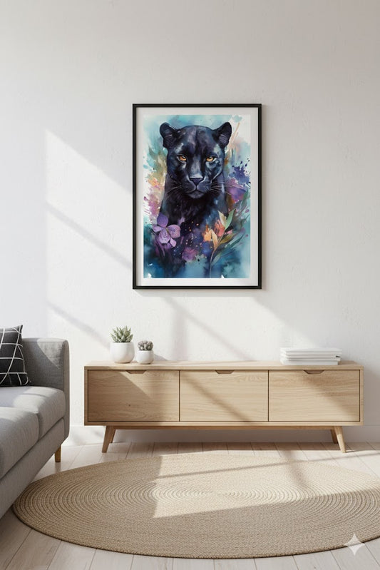 Framed Matte Canvas Print — Majestic Black Panther Watercolor Art