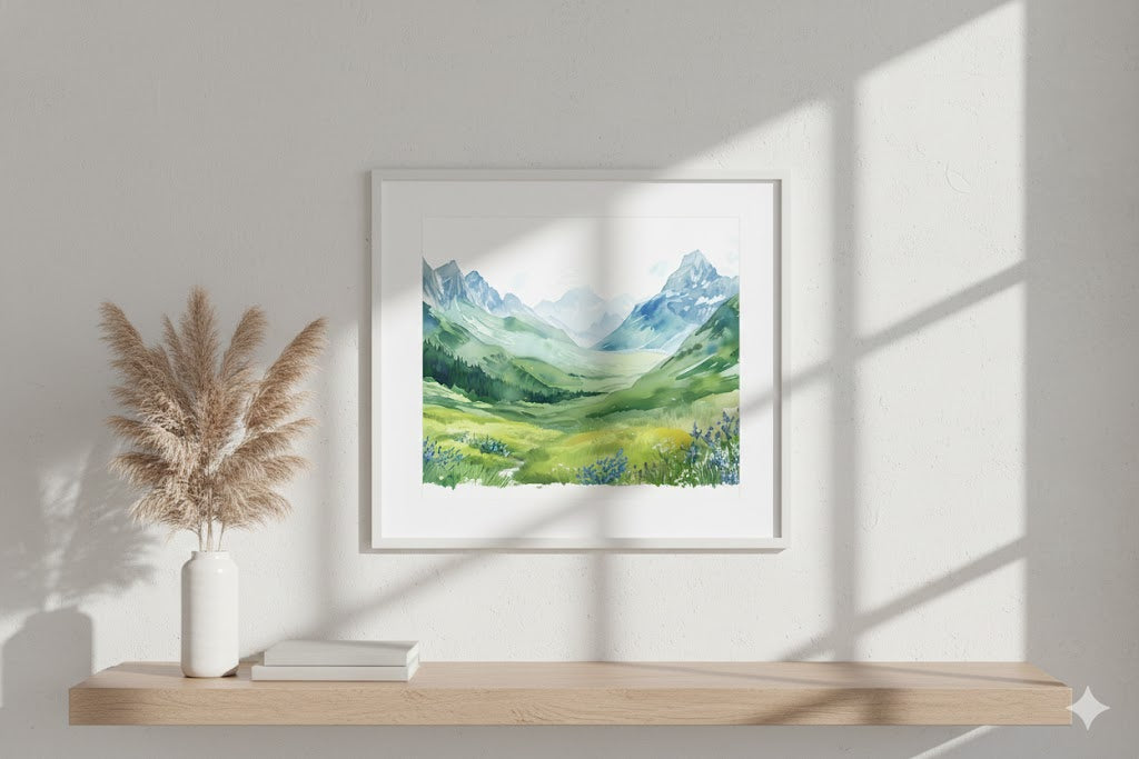 Framed Matte Canvas - Serene Mountain Meadow Landscape Art