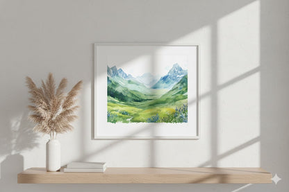 Framed Matte Canvas - Serene Mountain Meadow Landscape Art