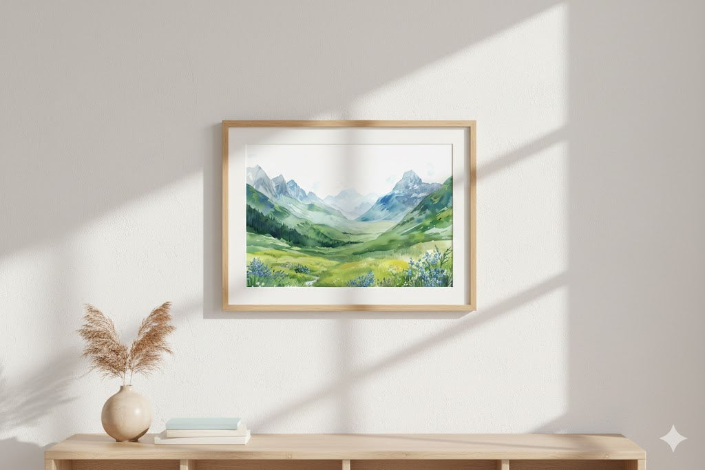 Framed Matte Canvas - Serene Mountain Meadow Landscape Art